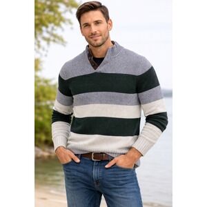 Chaps Striped Cotton Knit Mock Neck Button Sweater Green Grey XL, Mens, Casual